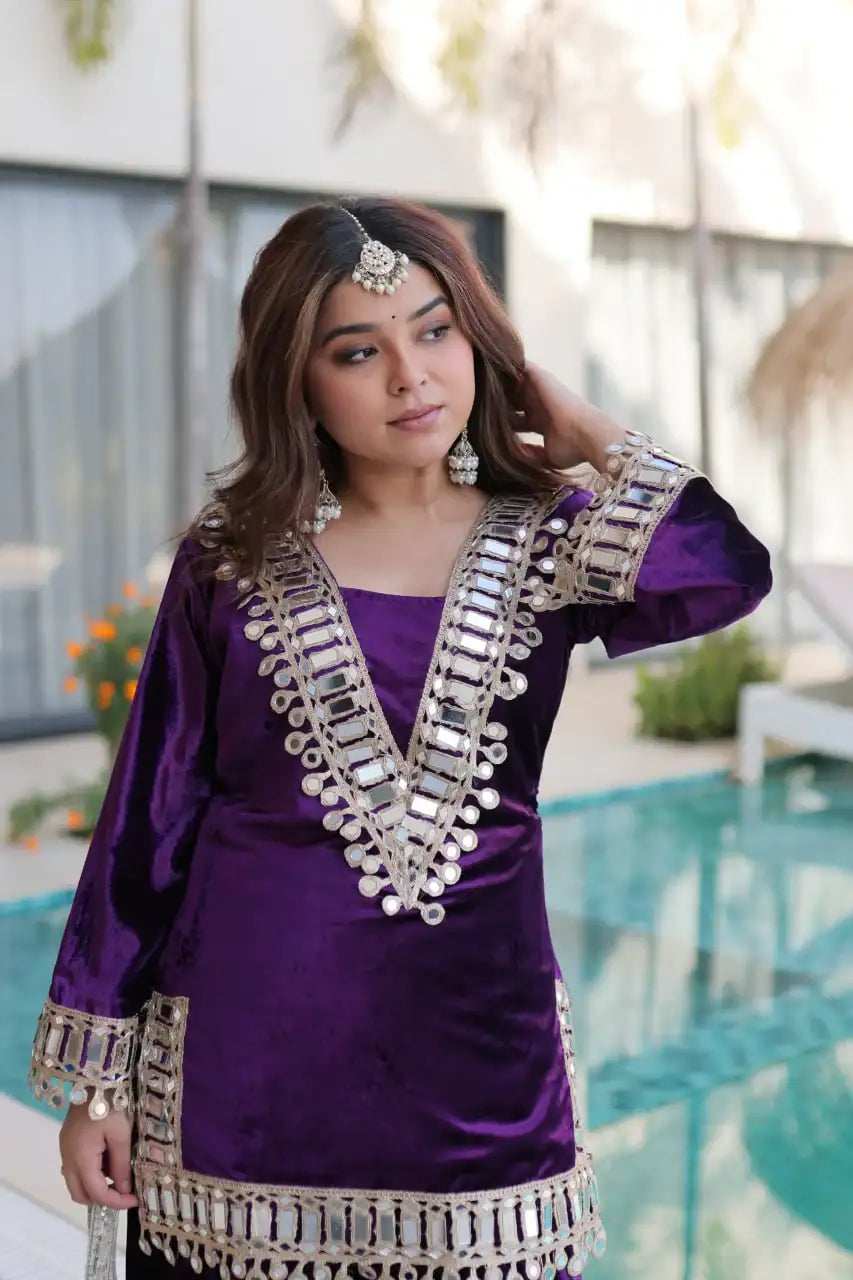 Wine Purple Ice Velvet Palazzo Set Front View with Zari Mirror Work - Shree Roop