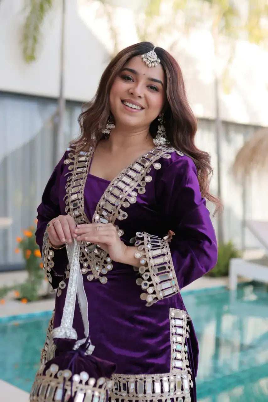 Full Length View of Wine Purple Ice Velvet Flared Palazzo Set - Shree Roop