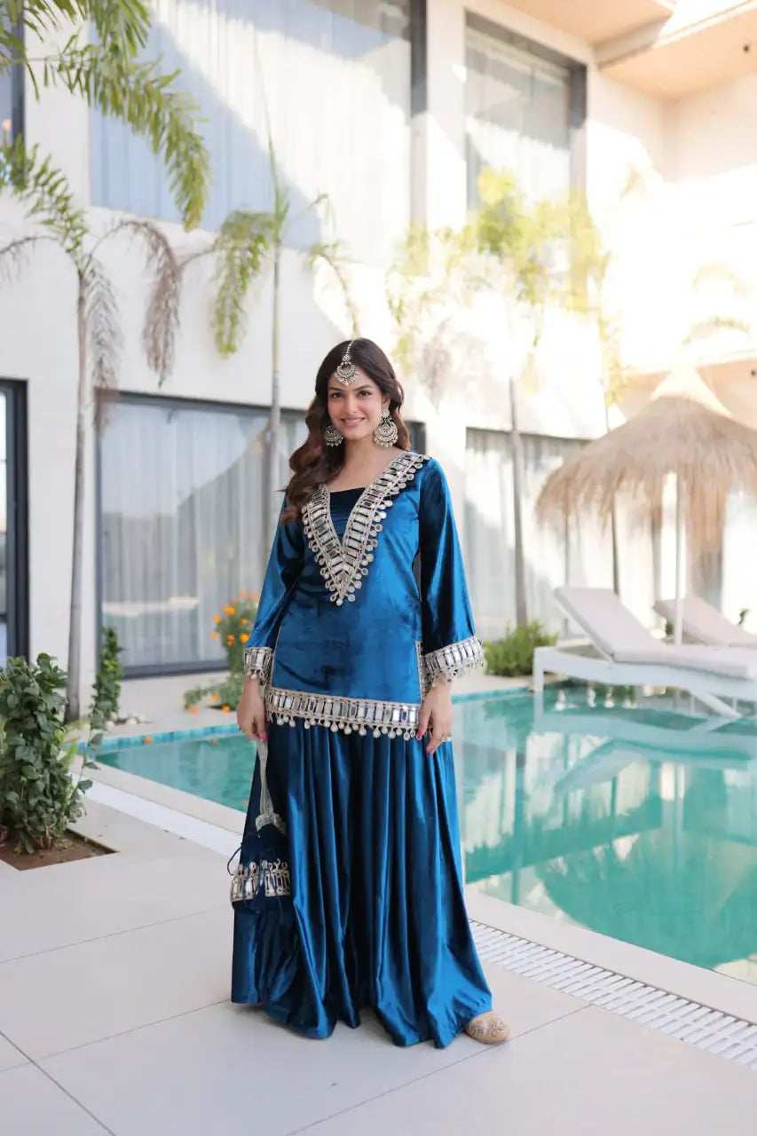 Teal blue ice velvet palazzo set back view with flared palazzo - Shree Roop