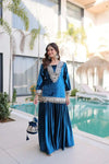 Teal blue ice velvet zari and mirror work set with matching dupatta - Shree Roop