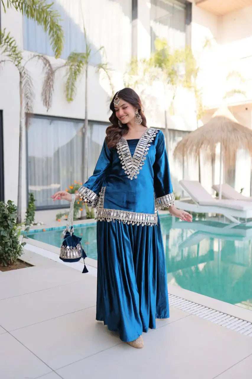 Full length view of teal blue ice velvet flared palazzo set - Shree Roop