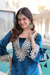 Teal blue ice velvet zari and mirror work top front view - Shree Roop