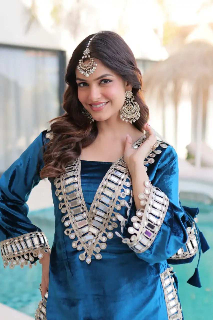 Teal blue ice velvet zari and mirror work top front view - Shree Roop