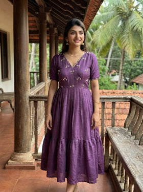 Wine Purple Ethnic Gown | Moti Kardana Hand Embroidery – Buy Online | Shree Roop