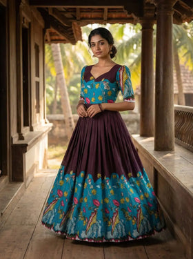 Wine Purple & Teal Kalamkari Maslin Anarkali Gown – Buy Online | Shree Roop