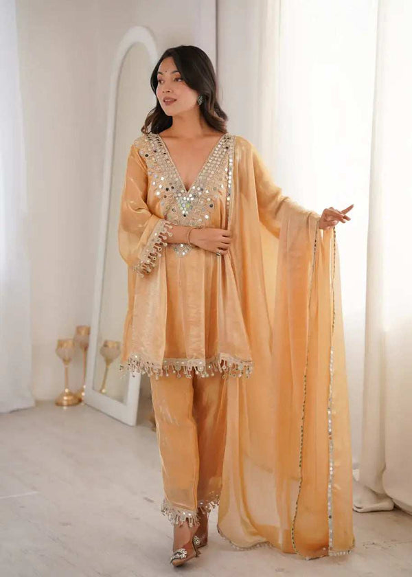 Close-up of Real Mirror Embroidery on Chiku Fendy Fabric Kurti by Shree Roop