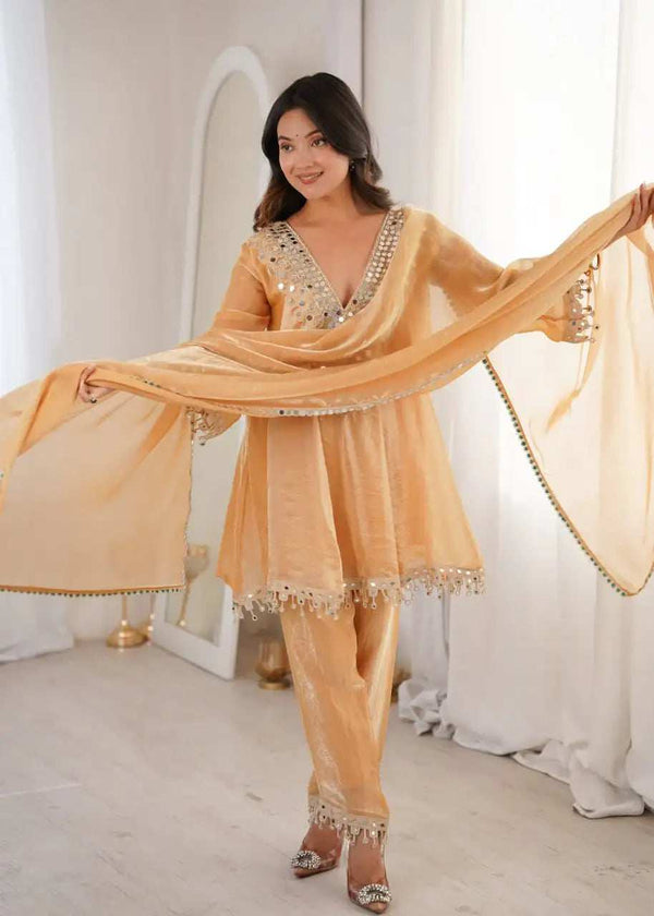 Full Length View of Chiku Kurti Set with Pant and Dupatta by Shree Roop