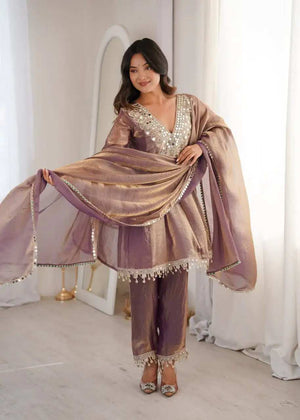 Close-up of Purple Kurti Set with Real Mirror and Coding Lace Work - Shree Roop