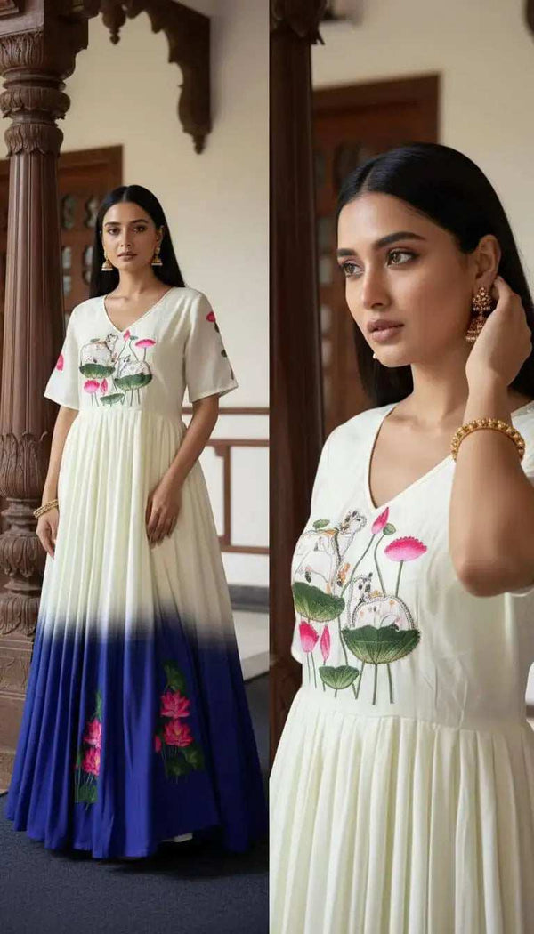 Cream to Royal Blue Ombre Maslin Gown Front View with Lotus Motif Print - Shree Roop