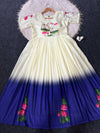 Close-up of Lotus Motif Print and Intricate Hand Khatli Work on Maslin Gown - Shree Roop