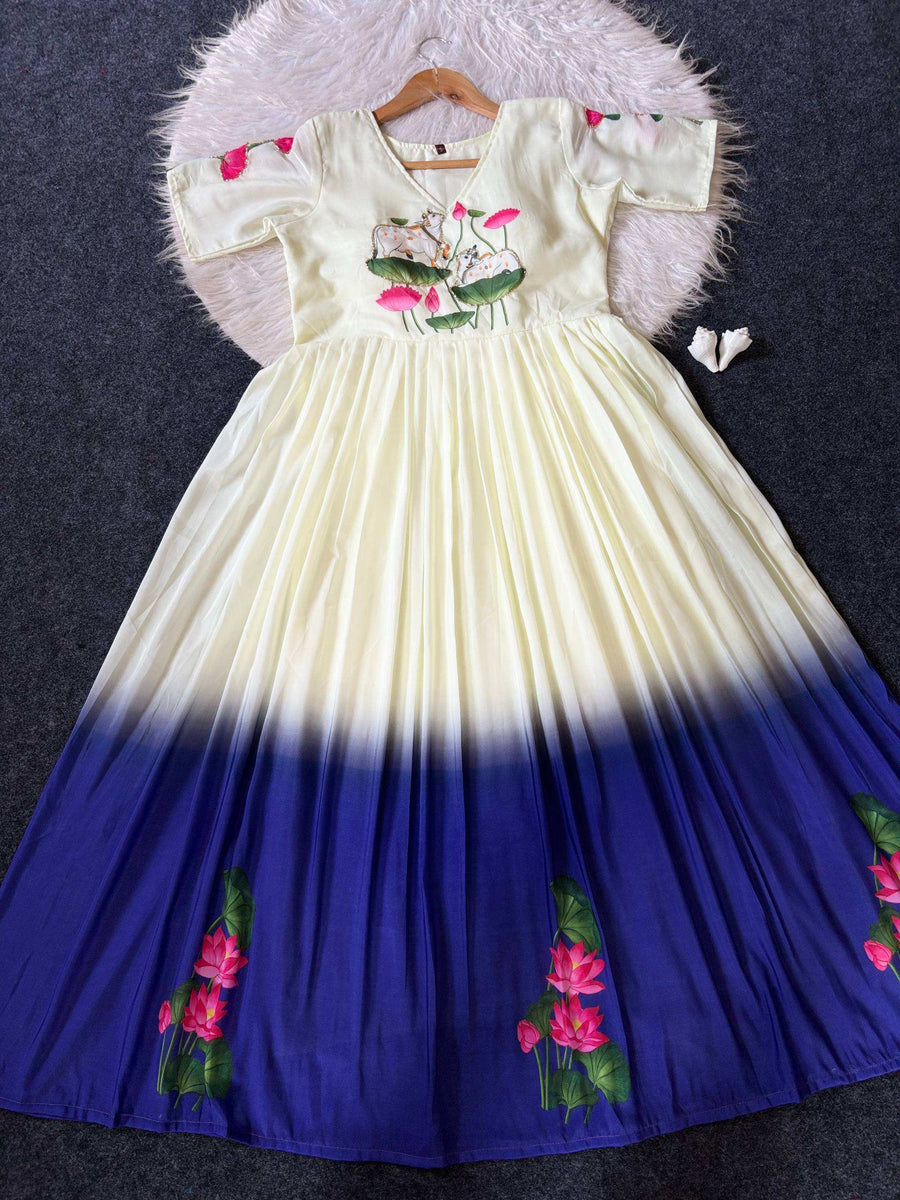Close-up of Lotus Motif Print and Intricate Hand Khatli Work on Maslin Gown - Shree Roop