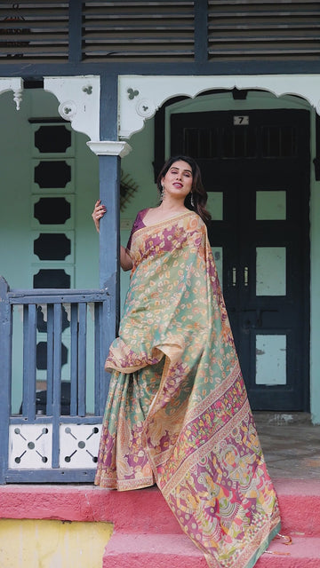 Sage Green & Maroon Handloom Cotton Saree with Mythical Tribal Art and Floral Motifs