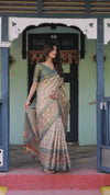 Beige Green Handloom Cotton Saree with Lotus Print & Colorful Peacock Pallu