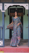 Dusty Blue Handloom Cotton Saree with Floral Print & Pink Cow Lotus Motif Pallu