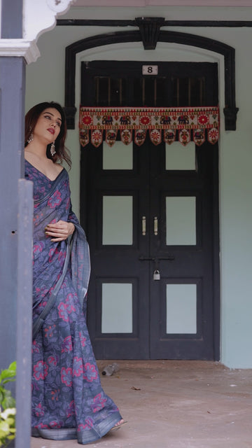 Navy Blue Pure Cotton Linen Saree | Floral Print with Blouse & Tassel Detailing
