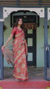 Terracotta Red Handloom Cotton Saree with Floral Vine Print & Dual-Toned Royal Motif Pallu