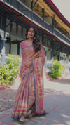 Peach Pink Handloom Cotton Saree with Lotus & Bird Motifs and Navy Border Pallu