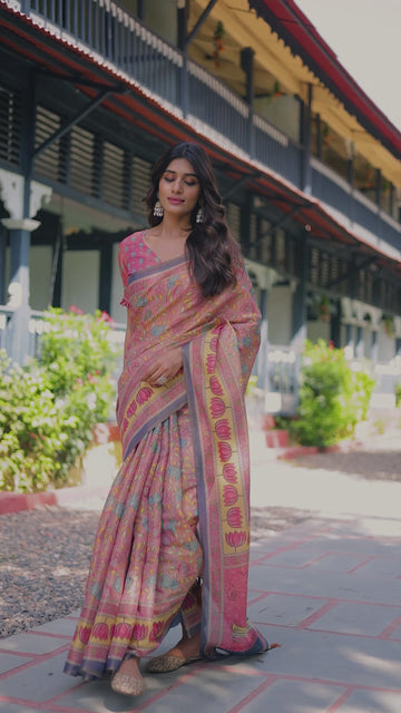Peach Pink Handloom Cotton Saree with Lotus & Bird Motifs and Navy Border Pallu