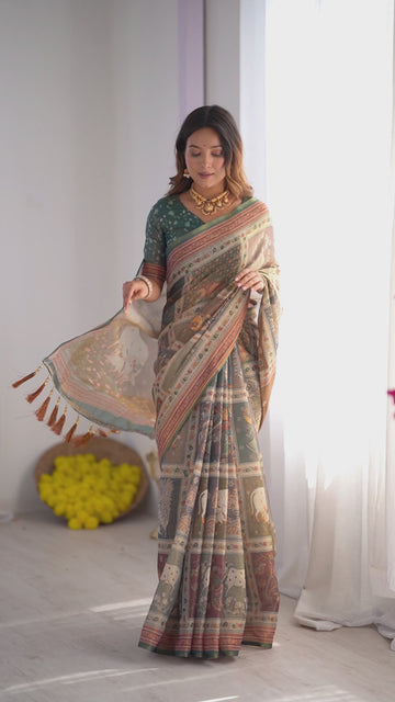Teal Green & Brown Pure Linen Cotton Handloom Saree with Royal Cow & Tree Motif Pallu