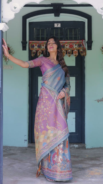 Dusky Blue & Violet Handloom Cotton Saree with Mythical Tree Art & Peacock Detailing