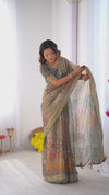 Teal Green Handloom Cotton Saree | Lotus Floral Print & Royal Elephant Pallu – Buy Online