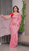 Blush Pink Satin Georgette Love-Themed Printed Saree with Romantic Heart & Typography Motifs and Matching Blouse