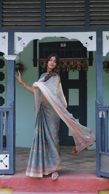 Aqua Blue Handloom Cotton Saree with Multicolor Floral Print & Royal Simha-Pakshi Pallu