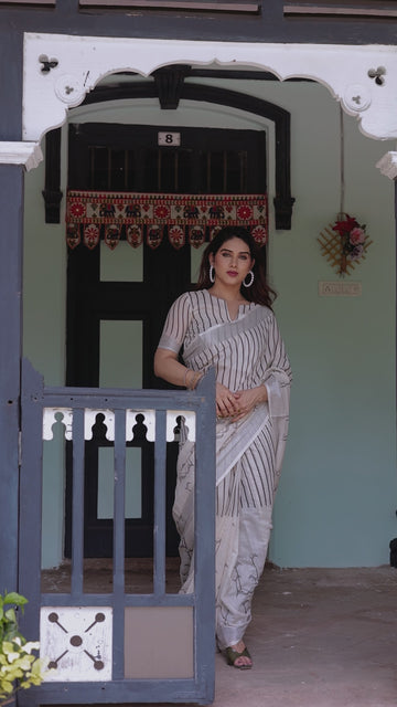 White & Black Pure Cotton Linen Saree | Striped Pattern with Blouse & Tassel Detailing