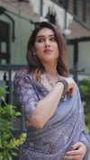 Steel Blue Pure Cotton Linen Saree | Block Print, Blouse & Tassel Edges – Shree Roop