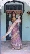 Royal Violet Handloom Cotton Saree with Cow Motifs & Temple Pallu Art
