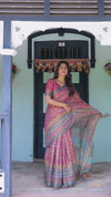 Rosewood Red Handloom Cotton Saree with Artistic Fish Pallu & Floral Vine Print