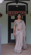 Soft Grey Pure Cotton Linen Saree | Pink & White Ikat Design with Blouse & Tassel Detailing