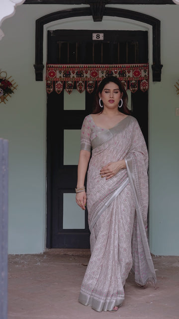 Soft Grey Pure Cotton Linen Saree | Pink & White Ikat Design with Blouse & Tassel Detailing