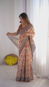 Handloom Linen Cotton Printed Saree with Traditional Mithila Art Pallu – Earthy Beige & Maroon