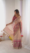 Beige & Mauve Handloom Cotton Saree | Floral Jaal, Peacock Motifs & Storytelling Pallu – Buy Online