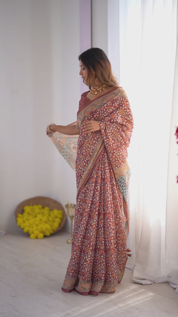 Maroon Pure Linen Cotton Handloom Saree with Floral Buti Print and Madhubani Fish Art Pallu
