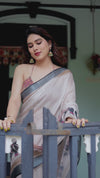 Ivory Pure Cotton Linen Saree | Elephant Motif with Tassel Detailing