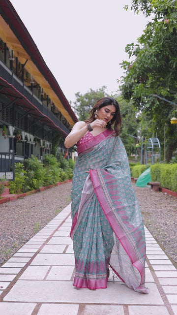 Aqua Blue Pure Cotton Linen Saree | Pink Border, Floral Motifs & Tassel Edges