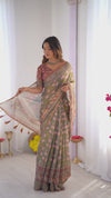 Olive Green Pure Linen Cotton Handloom Saree with Pink Lotus Motifs & Maroon Blouse