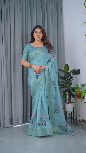 Multicolor Floral Linen Saree for Women | Traditional Indian Festive Wear – Vibrant Celebration Weave