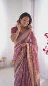 Plum Handloom Cotton Saree | Floral Print, Mythical Border & Tassels – Buy Online