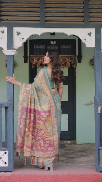 Turquoise Blue Handloom Cotton Saree with Multicolor Floral Pallu & Peach Border