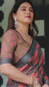 Charcoal Black Pure Cotton Linen Saree | Leafy Paisley Print with Blouse & Tassel Detailing