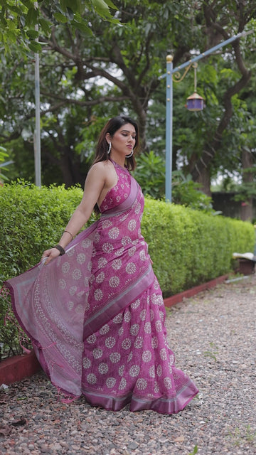 Magenta Pure Cotton Linen Saree | White Floral Block Print with Blouse & Tassel Detailing