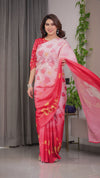 Coral Red & Blush Pink Heart Printed Satin Georgette Saree with Romantic Couple Pallu and Attached Heart Print Blouse – 5.5 Meter Designer Saree for Valentine’s Day & Anniversary Wear