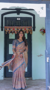 Rust & Blue Handloom Cotton Saree with Classical Dancer Motif and Patchwork Digital Print
