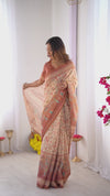 Ivory Handloom Cotton Saree | Maroon Border, Floral Print & Royal Procession Pallu – Buy Online