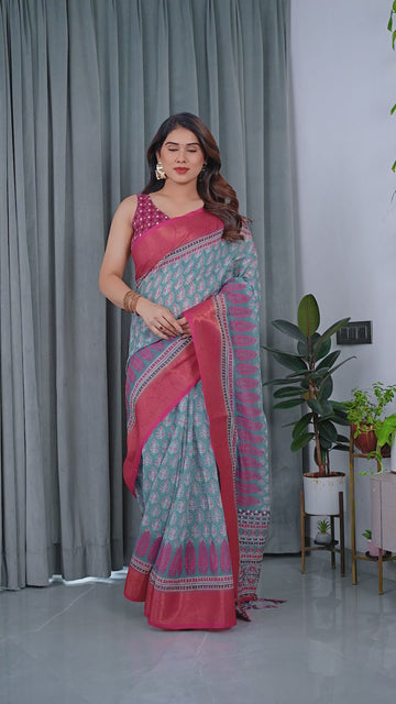 Graceful Green & Beige Saree with Exquisite Floral Prints – Perfect for Weddings & Festive Wear