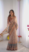Beige & Rust Pure Linen Cotton Saree with Folk Animal Motif & Floral Print