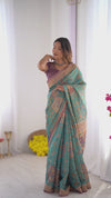 Sea Green & Purple Linen Cotton Saree with Hand-Painted Krishna Raas Leela Pallu